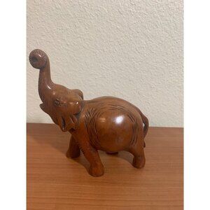 Vintage Wood Carved Elephant Figurine Trunk Up Brown